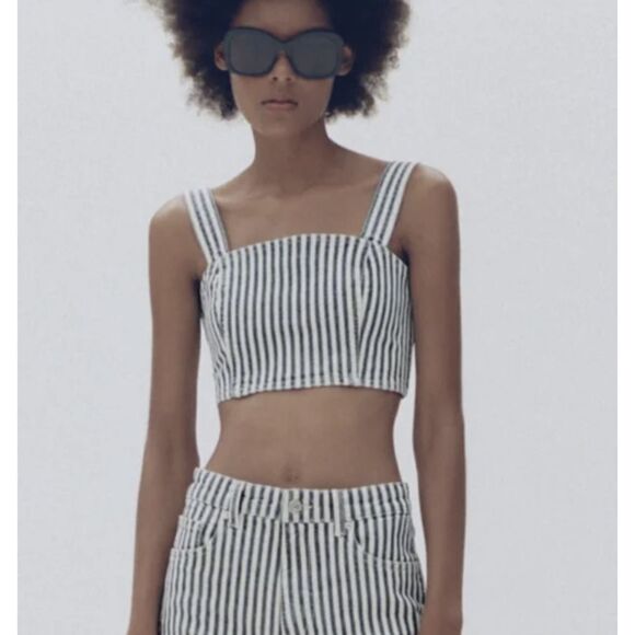 Zara Striped Denim‎ Crop Bodice Tank Top Sleeveless Blue White Small - Picture 1 of 12